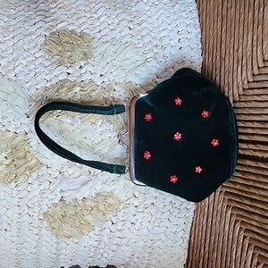 Kiss lock deep green mini purse with red floral jewels